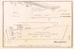 Eine detaillierte Karte von Borgfeld, Deutschland, mit Straßen, Gebäuden und Sehenswürdigkeiten, überlagert mit handgeschriebener Text.