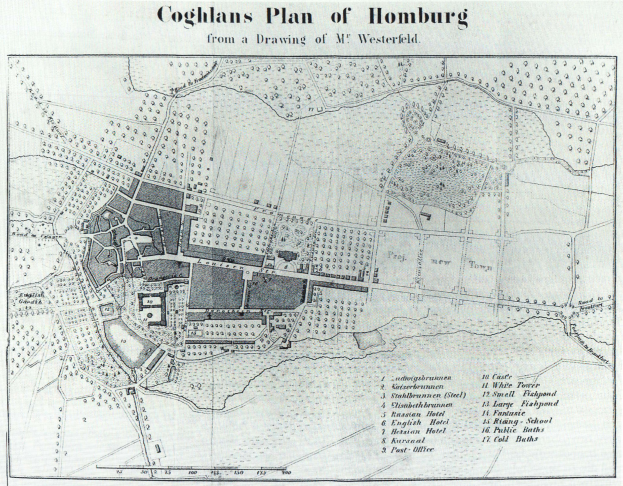 Ein detaillierter Stadtplan von Homburg, Deutschland, auf Papier mit zusätzlichem Text über die Bevölkerung, Geschichte und Kultur der Stadt.