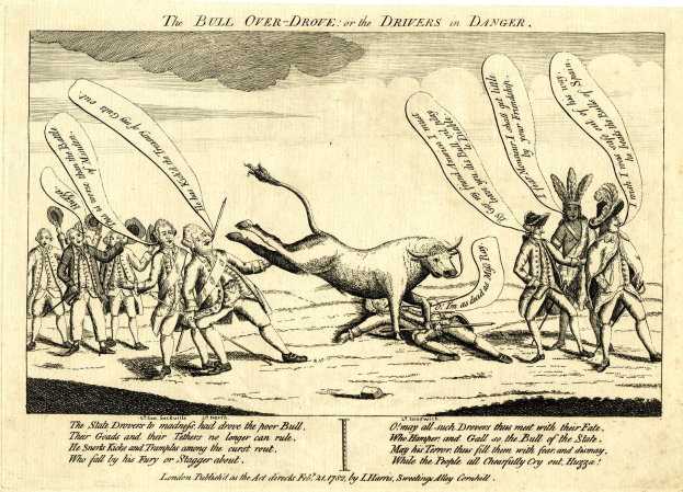 Eine Papierreportage über einen Bullenangriff mit gefährdeten Fahrern, umgeben von einer Menge, begleitet von beschreibendem Text.