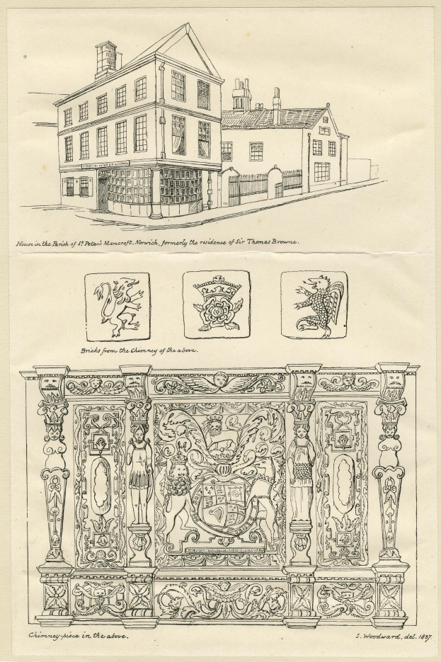 Eine Zeichnung eines Gebäudes mit einem Wappen, identifiziert als das Haus in der Pfarrei St. Peter's Manorcroft, Norwich, ehemals der Wohnsitz von Sir Thomas Browne, auf einem Stück Papier mit etwas Text.
