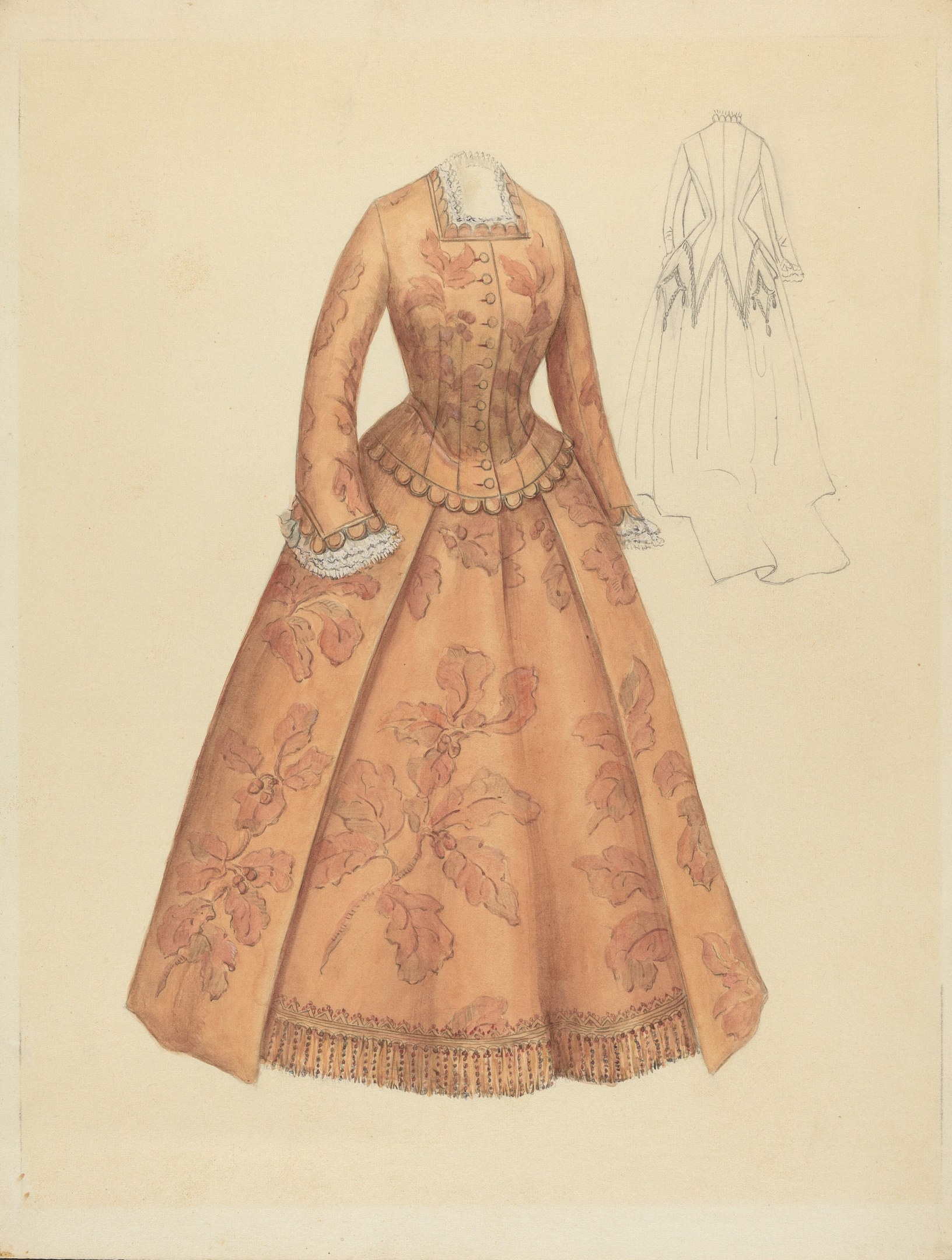 Ein detailliertes Kostümdesign aus dem 18. Jahrhundert für ein bodenlanges Kleid mit hohem Kragen, floral gemustertem Oberteil in Rosa, Lila und Blau sowie einer Spitzenbesetzten Röcke.