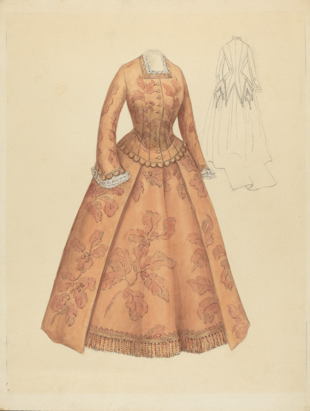 Ein detailliertes Kostümdesign aus dem 18. Jahrhundert für ein bodenlanges Kleid mit hohem Kragen, floral gemustertem Oberteil in Rosa, Lila und Blau sowie einer Spitzenbesetzten Röcke.