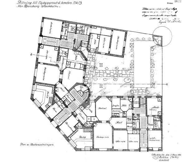 Ein Schwarz-Weiß-Bodenplan des ersten Stockwerks der Düsseldorfer Stockholmer Burg, der Räume, Flure und weitere Details mit begleitendem Text zeigt.