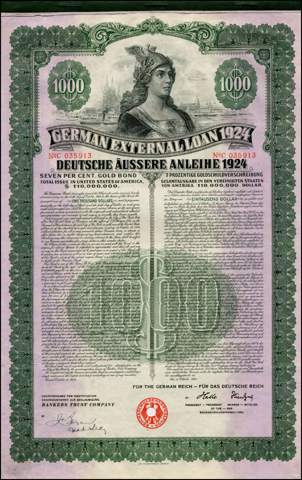 Eine 1924 deutsche Auslandsanleihe-Banknote mit einer Frau auf dem Bild, Text und Zahlen, die den Nennwert angeben.