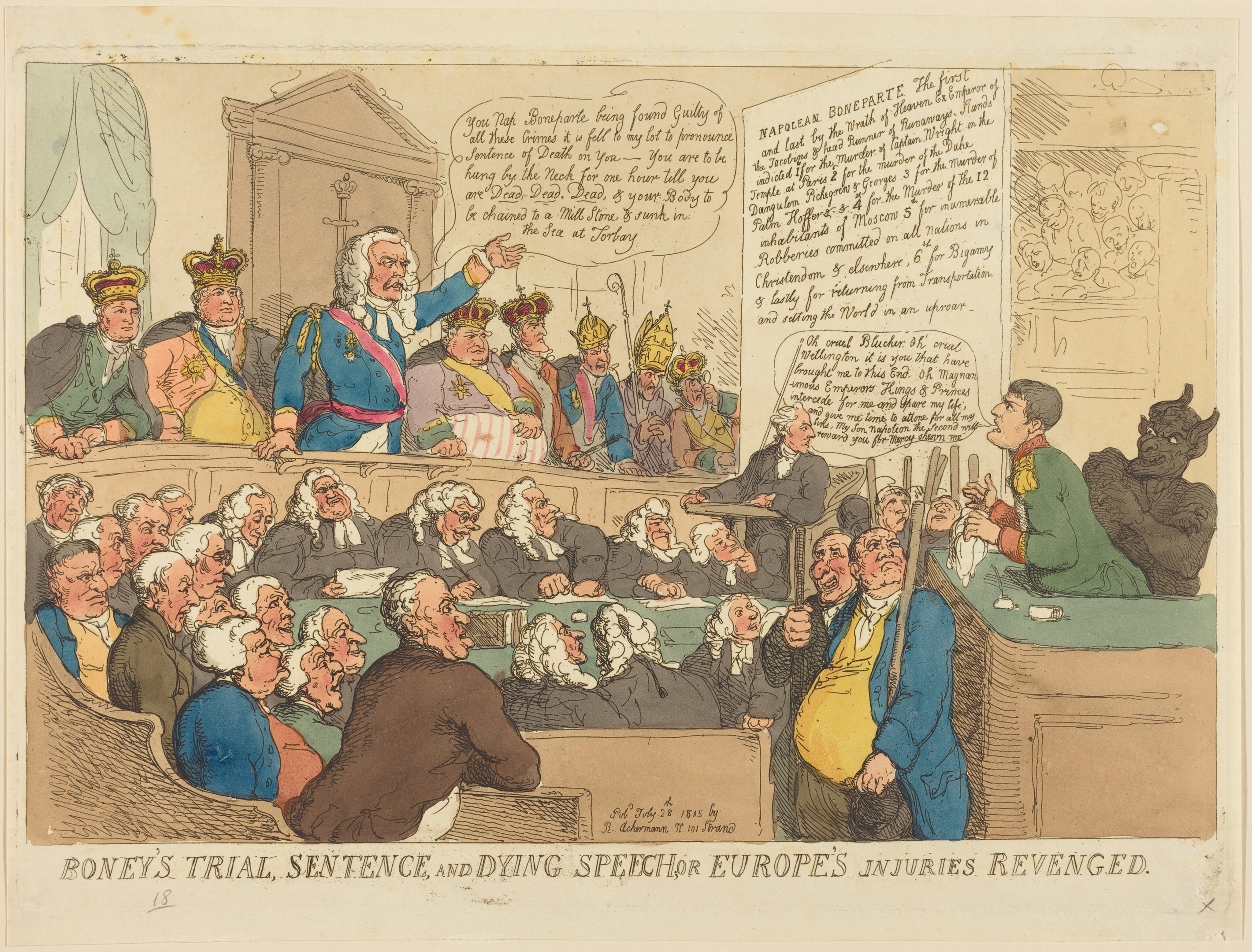 Cartoon-Illustration eines Gerichtssaals mit dem Titel "Boney's Trial, Sentence, and Dying Speech Europe's Injuries Revenged", die eine Gruppe von Menschen zeigt, die auf Stühlen sitzen, einen stehenden Mann in der Mitte und einen Tisch mit Gegenständen auf der rechten Seite.