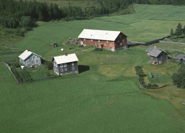 Eine Luftaufnahme eines Hofes in einer grünen Landschaft mit verstreuten Häusern und Bäumen, die eine friedliche Stimmung schaffen.
