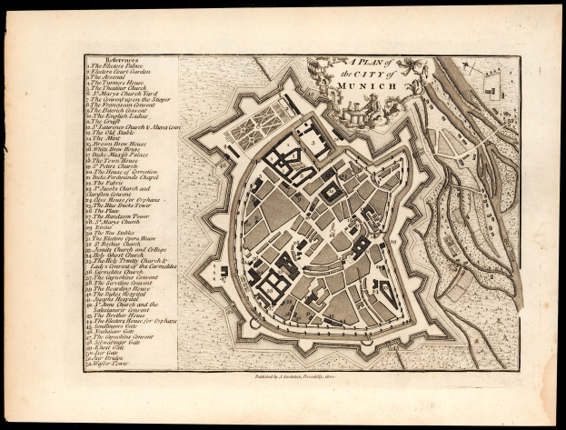 Detaillierte alte Karte von München, Deutschland, auf einem schwarzen Hintergrund, die Straßen, Gebäude und Sehenswürdigkeiten zeigt.