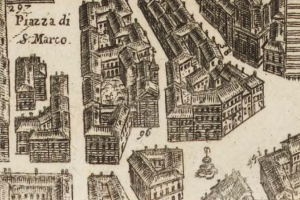 Eine handgezeichnete Stadtansicht mit verschiedenen Architekturgebäuden auf Papier mit zusätzlichen schriftlichen Details.