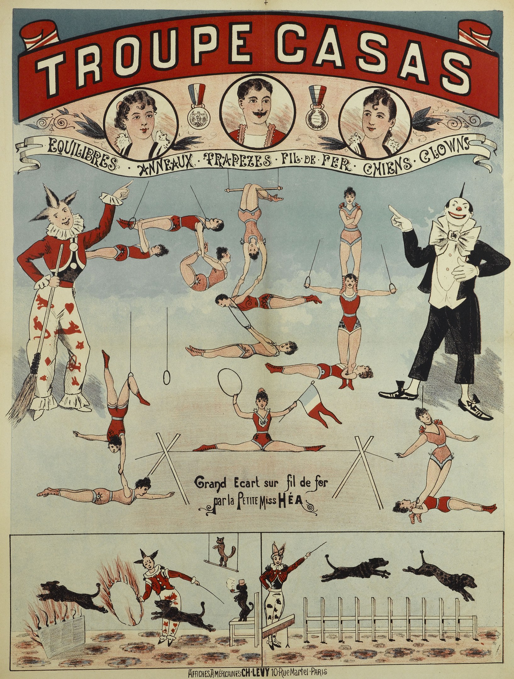 Circusplakat in Paris mit Künstlern in farbenfrohen Kostümen und Masken, mit Text 'Troupe Casas' und Bildern von Menschen und Tieren.