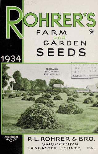 Ein 1934er-Plakat für Rohrer's Farm and Garden Seeds, das eine Landschaft mit Bäumen, Gras und Häusern zeigt, mit Text oben und unten.