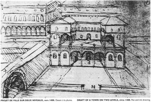 Ein detailliertes architektonisches Zeichnung eines zweistöckigen Stadtplans mit einem Gebäude mit zahlreichen Fenstern und Bögen, begleitet von Text unten.