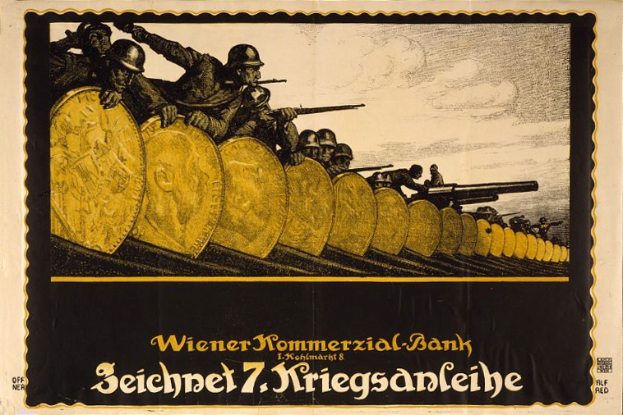 Ein deutsches Propagandaplakat aus dem Zweiten Weltkrieg, das eine Gruppe von Helmetträgern zeigt, die mit der Aufschrift "Wiener Kommmerzial Bank" am unteren Rand.