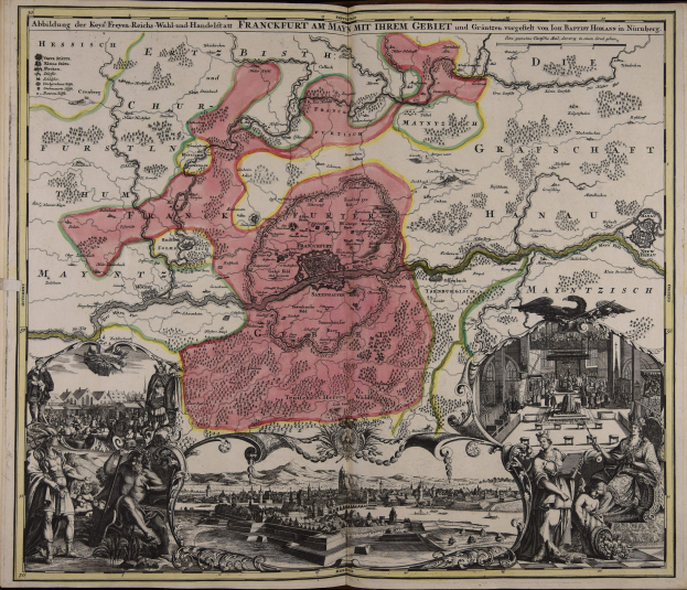 Ein altes Buch mit einer Deutschlandkarte, umgeben von Bildern und Texten, die einen klassischen Stil vermitteln.