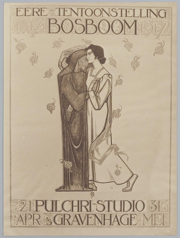 Ein Konzertplakat mit einem Mann im Anzug und einer Frau in einer Schürze, die Seite an Seite mit ernsten Gesichtern stehen, Text auf dem Plakat, der das Ereignis beschreibt.