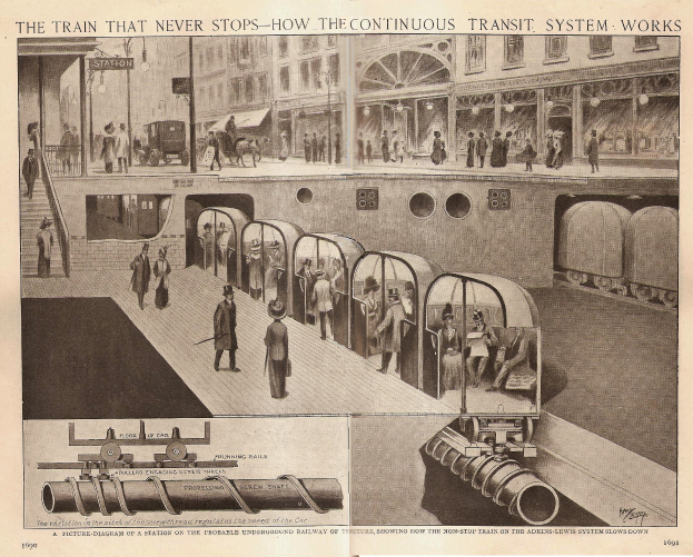 Ein Blatt Papier mit Bildern von Menschen, Zügen und anderen Gegenständen sowie dem Text "Der Zug, der nie hält - wie das durchgehende Transportsystem funktioniert".