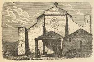 Eine Gravur der Kirche des Heiligen Grabes mit einer Uhr an der Vorderseite, umgeben von Menschen und einem bewölkten Himmel, mit dem Namen der Kirche unten eingraviert.