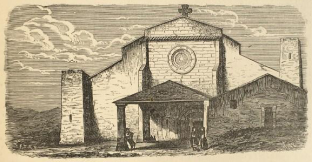 Eine Gravur der Kirche des Heiligen Grabes mit einer Uhr an der Vorderseite, umgeben von Menschen und einem bewölkten Himmel, mit dem Namen der Kirche unten eingraviert.