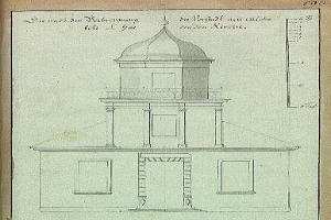 Ein Buch mit einer Zeichnung eines kuppelförmigen Gebäudes, das als die Kirche des Heiligen Grabes in Berlin identifiziert wird, begleitet von erklärendem Text.