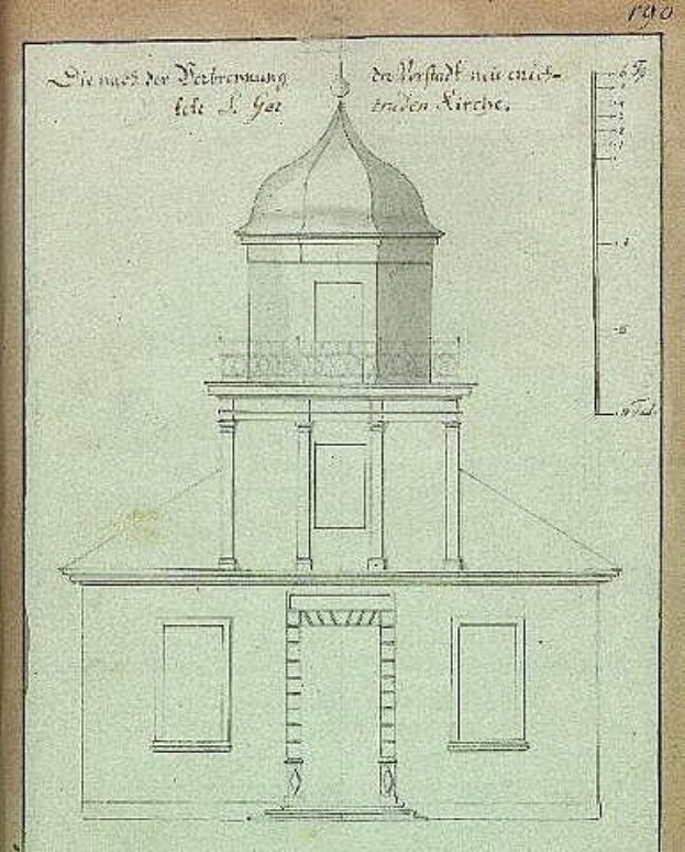 Ein Buch mit einer Zeichnung eines kuppelförmigen Gebäudes, das als die Kirche des Heiligen Grabes in Berlin identifiziert wird, begleitet von erklärendem Text.