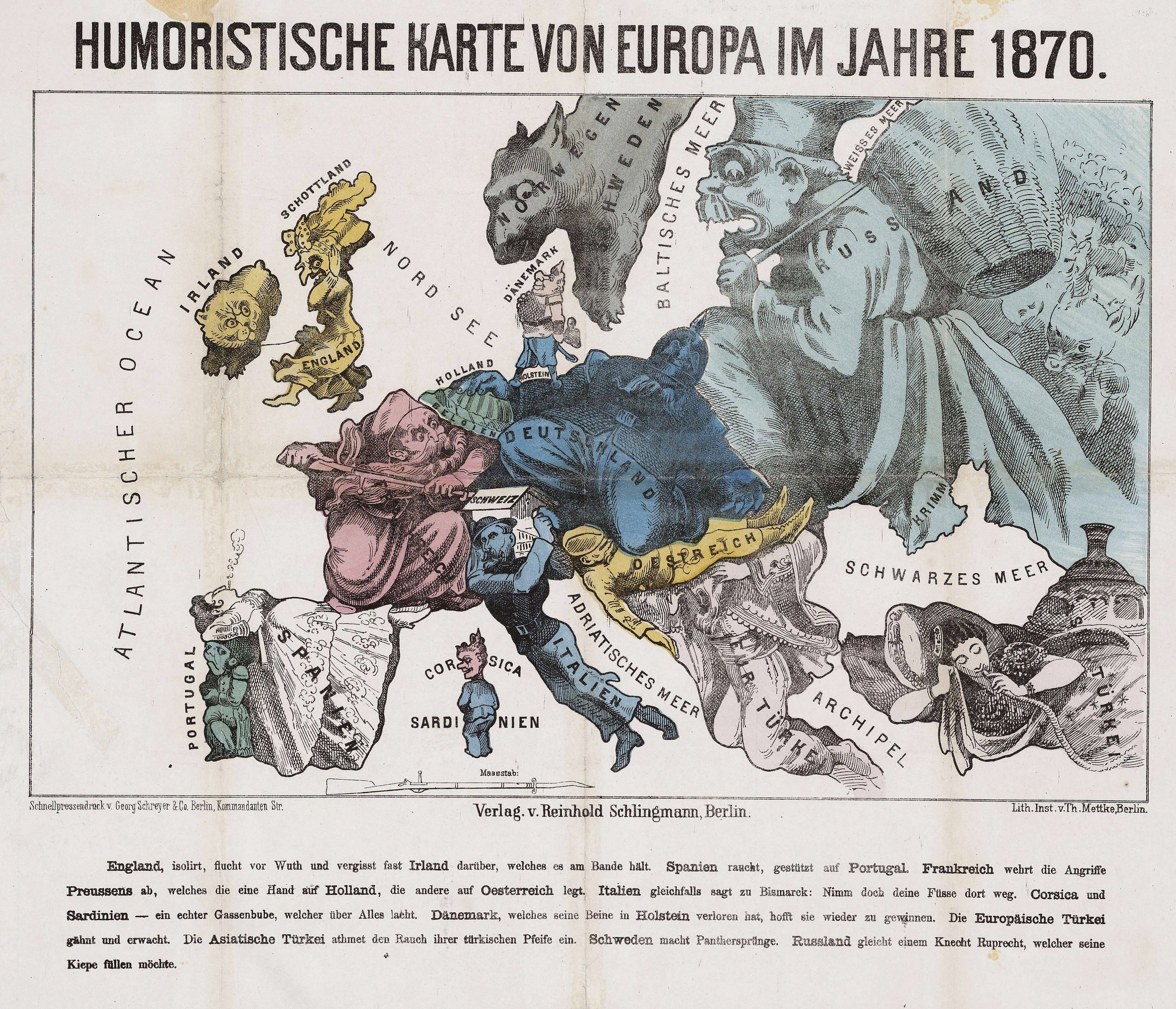 Plakat mit der Aufschrift "Humoristische Karte von Europa im Jahre 1870" zeigt eine Karte von Europa umgeben von Karikaturen und Text.