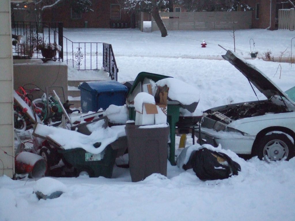 Eine Außenaufnahme mit Müll in der Mitte, einem Auto auf der rechten Seite, Treppen auf der linken Seite, Bäumen oben und Eis am Boden.