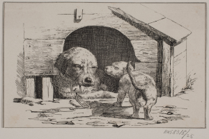 Schwarze und weiße Zeichnung von zwei Hunden vor einem Hundehaus, einer mit einer Kette um den Hals, und Text unten auf dem Bild.