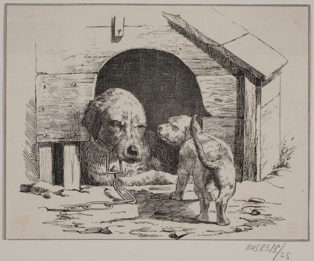 Schwarze und weiße Zeichnung von zwei Hunden vor einem Hundehaus, einer mit einer Kette um den Hals, und Text unten auf dem Bild.