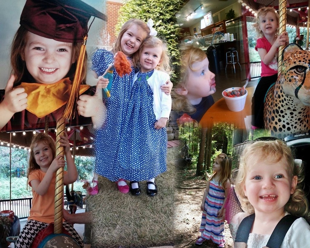 Collage mit lustigen Fahrgeschäften, Kinderartikeln (Tisch, Tasse, Essen, Löffel), Außenelementen (Lichter, Wand, Büsche, Bäume, Gras, Seil, Hut) und anderen Gegenständen.