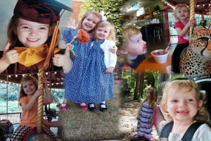 Collage mit lustigen Fahrgeschäften, Kinderartikeln (Tisch, Tasse, Essen, Löffel), Außenelementen (Lichter, Wand, Büsche, Bäume, Gras, Seil, Hut) und anderen Gegenständen.