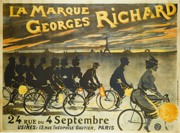 Ein Plakat, das ein Fahrradrennen in Paris, Frankreich, ankündigt, mit einer Gruppe von Radfahrern und dem Eiffel-Turm im Hintergrund, einschließlich Text mit Ereignisinformationen.