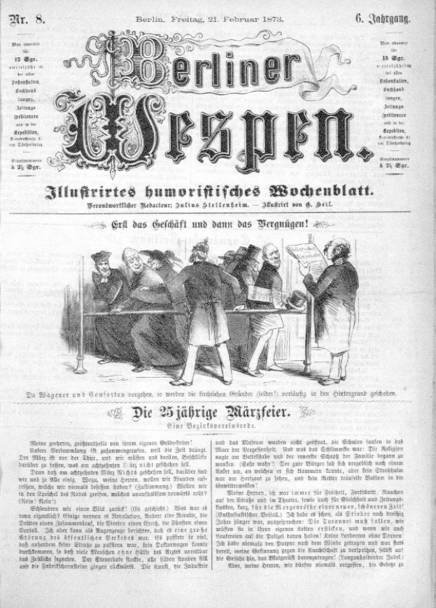 Alte deutsche Zeitung "Berliner Wespen" vom 21. Februar 1873 mit einer Gruppe von Menschen in traditioneller deutscher Kleidung, die sich unterhalten, mit deutscher Textbeschreibung des Ereignisses.