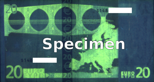 Ein blauer und grüner Euro-Geldschein mit dem Aufdruck "Muster".