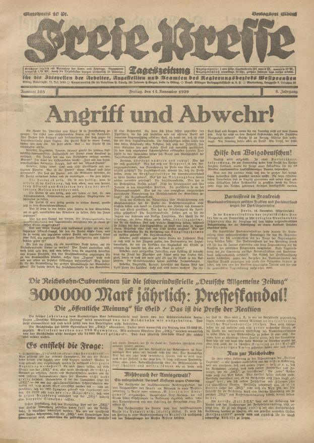 Ein Schwarz-Weiß-Bild eines Mannes auf der Titelseite einer deutschen Zeitung vom 15. Dezember 1929 mit der Überschrift "Screie Wreife - Angriff und Abwehr".