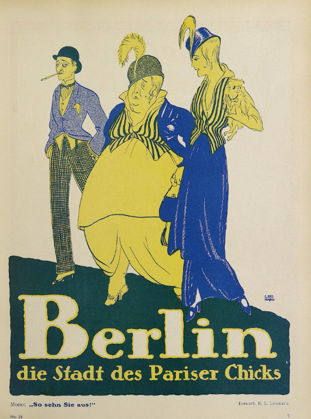 Ein Plakat, das ein Konzert in Berlin, Deutschland, ankündigt, mit einer Gruppe farbiger Menschen vor einem Gebäude, mit der Aufschrift 'Berlin - Die Stadt des Pariser Chicks' oben.