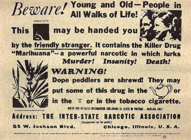 Schwarze und weiße Zeitungsanzeige für die Inter-State Narcotic Association mit einem Bild eines Mannes und einer Frau und der Warnungstext "Vorsicht für Jung und Alt in allen Lebensbereichen".