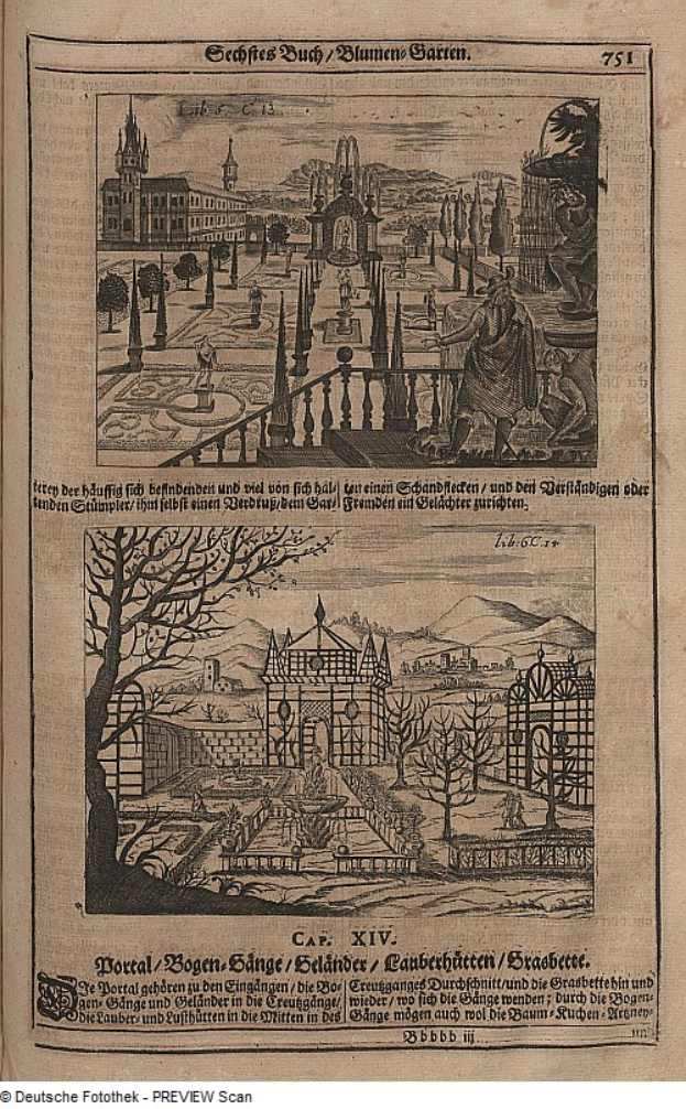 Ein aufgeschlagenes Buch mit einer Stadtansicht-Illustration neben Text und anderen Bildern, das detaillierte Informationen über die Stadt enthält.