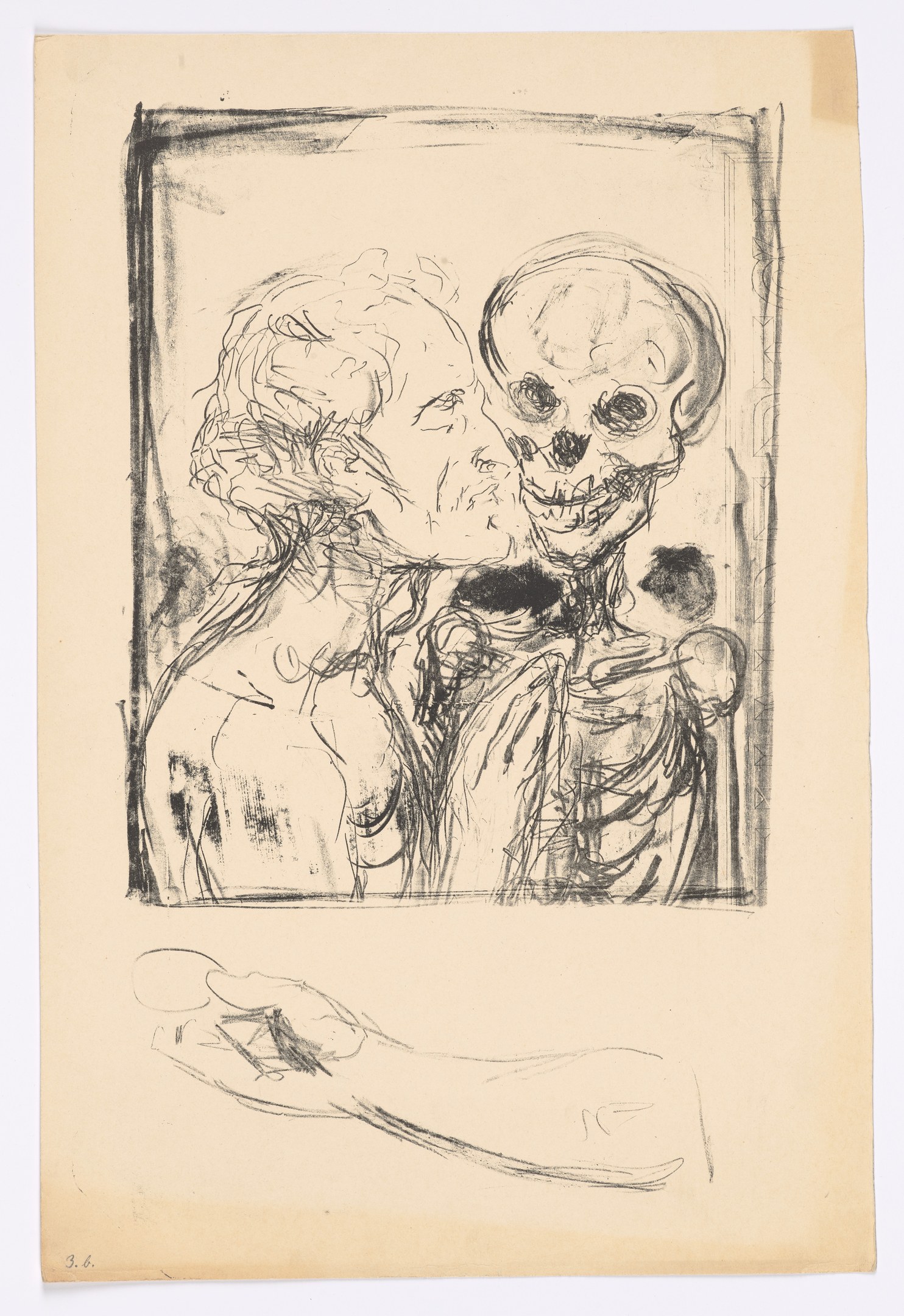 Eine Zeichnung eines Mannes und einer Frau, die sich umarmen und küssen, mit einem Schädel im Hintergrund.