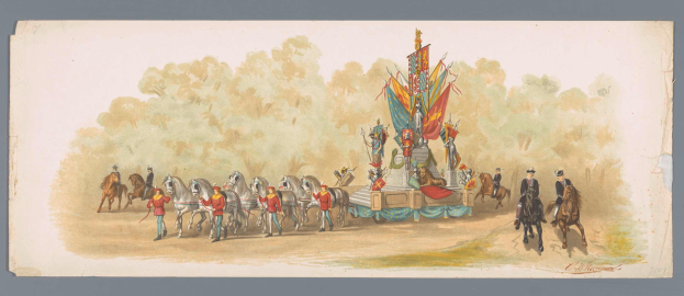 Ein Bild eines Karnevalsumzugs mit Menschen in bunten Kostümen, die vor einem geschmückten Schwimmwagen auf Pferden reiten, unter einem klaren blauen Himmel mit Bäumen im Hintergrund.