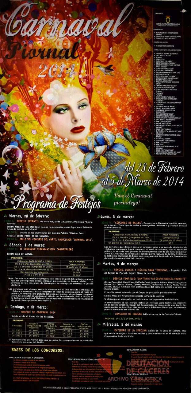Plakat für den Karnevals Festival 2014 mit einer lachenden Frau in einem farbenfrohen Kleid auf einem leuchtenden gelben Hintergrund, umgeben von schwarzem Text.