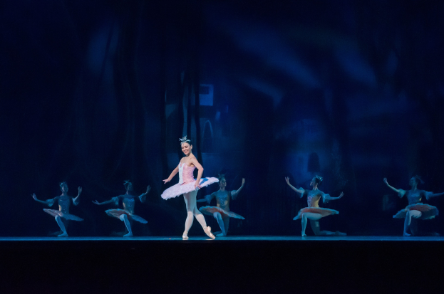Eine Ballerina in einem rosafarbenen Tutu und Spitzenschuhen tanzt auf einer Bühne, umgeben von anderen Tänzern in ähnlichen Kostümen, mit einem dunklen Hintergrund.