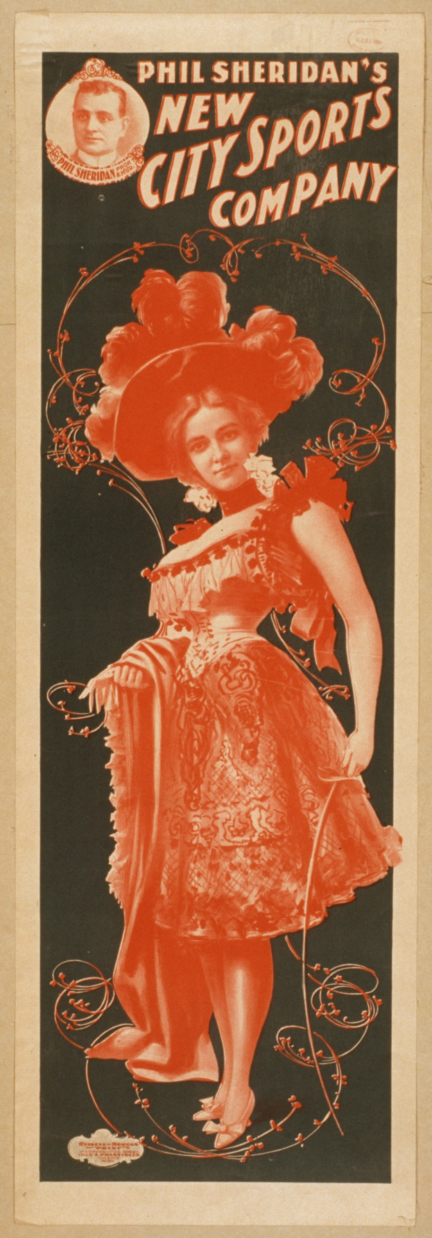 Ein Plakat für die neue Stadt-Sport-Agentur von Phil Sheridan mit einer Frau in rotem Kleid und Hut, auf dem Text über die Agentur und ihre Dienstleistungen steht.