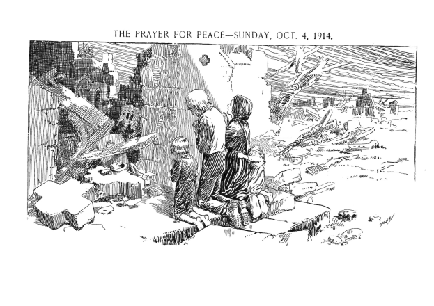 Eine Schwarz-Weiß-Zeichnung einer Gruppe von Menschen im Gebet, mit ihren Händen zusammengelegt, die vor einem hohen Gebäude stehen, unter einem tiefblauen Himmel mit untergehender Sonne, mit der Aufschrift 'Der Gebetstag für den Frieden, 4. Oktober 1914' oben.