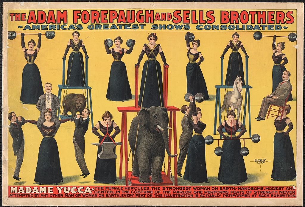 Plakat für die vereinigte Show von Adam Forepaugh und Sells Brothers mit Performern auf Hockern, einem Elefanten und Werbetext.
