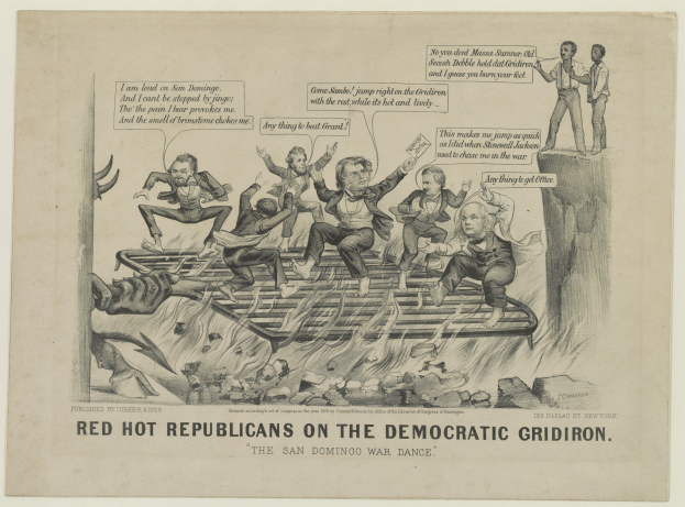 Eine Zeichnung auf Papier zeigt rote Figuren, die als "Republikaner" bezeichnet werden, auf einem blauen Rasenfeld, das als "demokratisch" bezeichnet wird, mit den Figuren in Not und Text in fetter schwarzer Schrift, der die Situation betont.