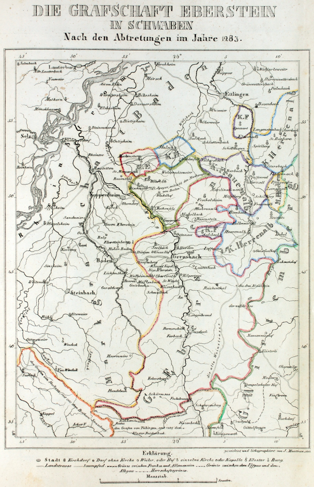 Ein detaillierter Plan von Grafische Eberstein in Schwaben, Deutschland, der geographische Merkmale wie Flüsse, Berge und Städte zeigt, mit Text oben und unten.