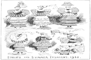 Eine Zeitung mit einer Zeichnung mehrerer Frauen in Modedresses der Frühjahrs- und Sommerkollektion 1932.