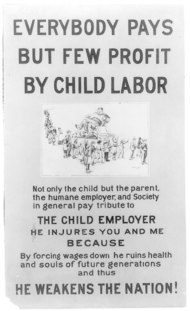Schwarzes und weißes Plakat mit dem Text "Jeder zahlt, aber wenige profitieren von Kinderarbeit" und einer Gruppe von Menschen.