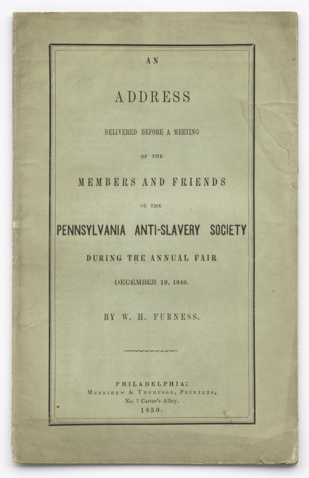 Offenes Buch mit dem Titel "An Address Delivered Before a Meeting of the Members and Friends of the Pennsylvania Anti-Slavery Society During the Annual Fair" mit sichtbarem gedrucktem Text in schwarzer Tinte.