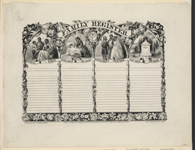 Schwarz-weißes Familienstammbuch mit Gruppenfoto in der Mitte und handgeschriebenem Text, der die Familienmitglieder beschreibt.