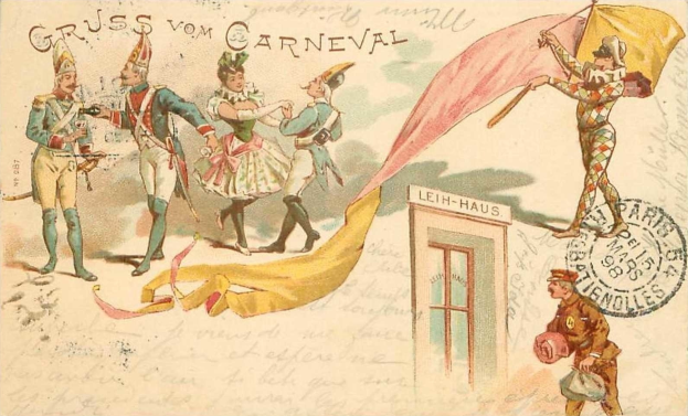 Eine alte Postkarte mit einer Karnevals-Szene, auf der Menschen in bunten Kostümen verschiedene Gegenstände halten, Text und ein Stempel auf der rechten Seite.